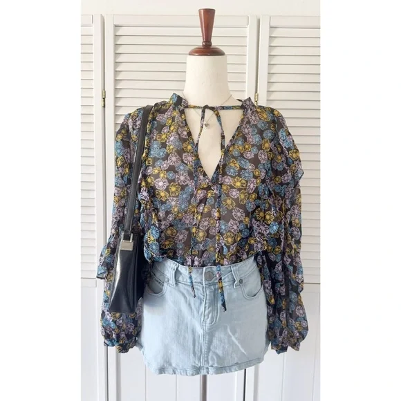 TopShop Purple Blue Ruffled Side Neck Tie Long Sleeve Blouse Top - Picture 1 of 5